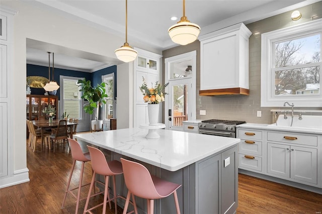 kitchen featuring a center island, sink, pendant lighting, and high end stainless steel range oven