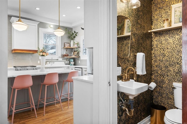 bathroom featuring wood-type flooring, sink, toilet, and decorative backsplash