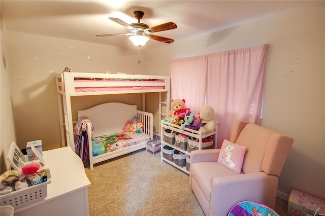 bedroom with light carpet and ceiling fan