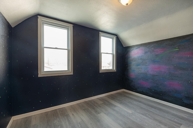 bonus room featuring wood-type flooring, vaulted ceiling, and a textured ceiling