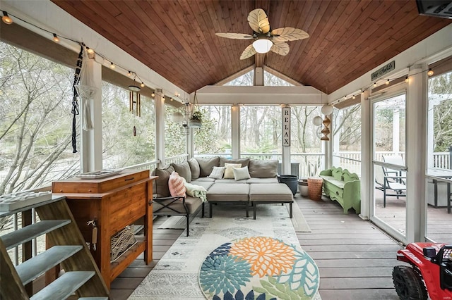 sunroom / solarium with lofted ceiling, wooden ceiling, and ceiling fan