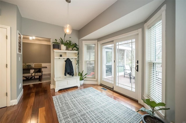 mudroom featuring dark wood-type flooring