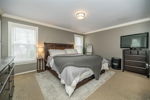 bedroom with crown molding, light colored carpet, and multiple windows