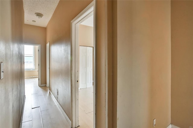 hallway featuring light hardwood / wood-style floors and a textured ceiling