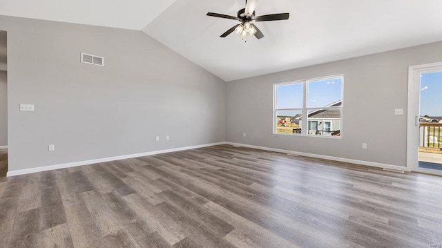 unfurnished living room featuring lofted ceiling, hardwood / wood-style flooring, and ceiling fan