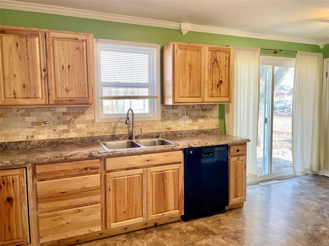 kitchen featuring black dishwasher, decorative backsplash, ornamental molding, light brown cabinetry, and a sink