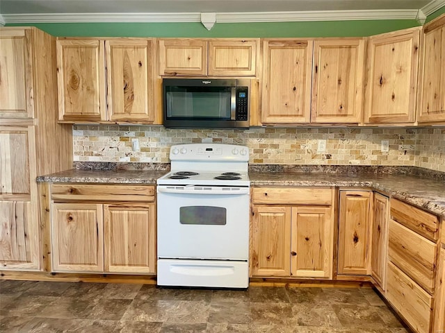 kitchen featuring crown molding, white range with electric cooktop, and light brown cabinetry