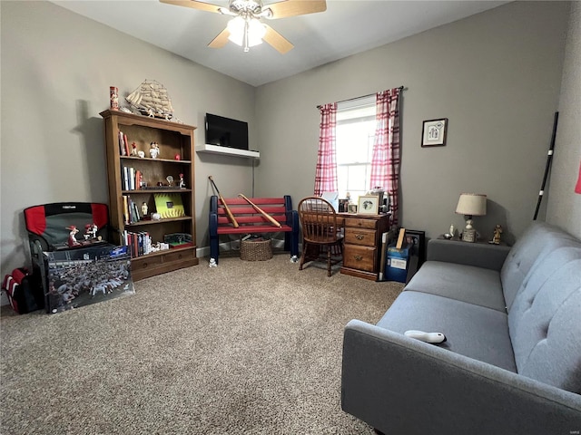 carpeted office with ceiling fan