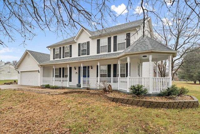 view of front of home featuring a garage, a front yard, and covered porch