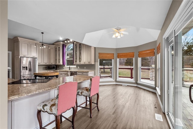 kitchen featuring lofted ceiling, decorative light fixtures, ceiling fan, stainless steel appliances, and hardwood / wood-style floors