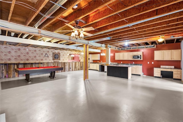 basement with pool table and ceiling fan