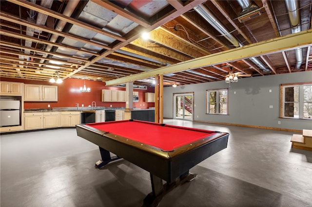 rec room featuring pool table, concrete flooring, and indoor wet bar