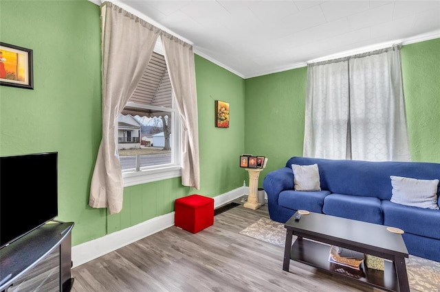 living room featuring hardwood / wood-style floors and crown molding