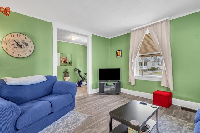 living room featuring crown molding and hardwood / wood-style floors