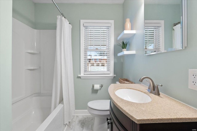 full bathroom with vanity, shower / bath combination with curtain, and toilet