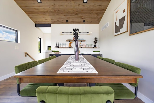 interior space with hardwood / wood-style flooring, vaulted ceiling, and wooden ceiling