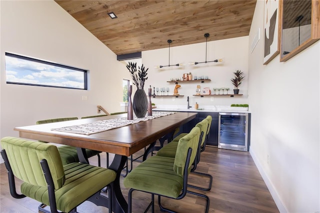 bar with sink, wood ceiling, hanging light fixtures, wine cooler, and wood-type flooring