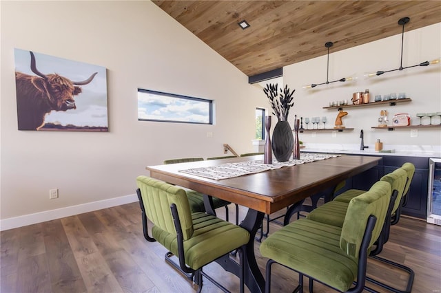 dining space featuring dark wood-type flooring, beverage cooler, wet bar, and wooden ceiling