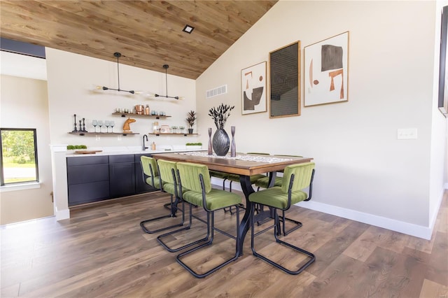 dining space with dark hardwood / wood-style flooring, lofted ceiling, wet bar, and wood ceiling