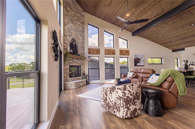 living room featuring high vaulted ceiling, a fireplace, beamed ceiling, wood-type flooring, and wood ceiling