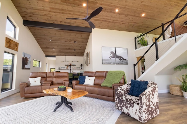 living room featuring wood ceiling, plenty of natural light, high vaulted ceiling, and hardwood / wood-style flooring