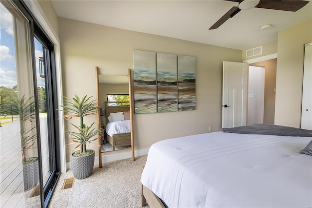 bedroom featuring ceiling fan, light colored carpet, and access to outside