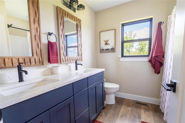 bathroom with hardwood / wood-style flooring, vanity, and toilet