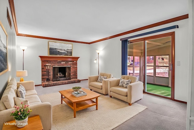 living room featuring ornamental molding, a fireplace, and light colored carpet