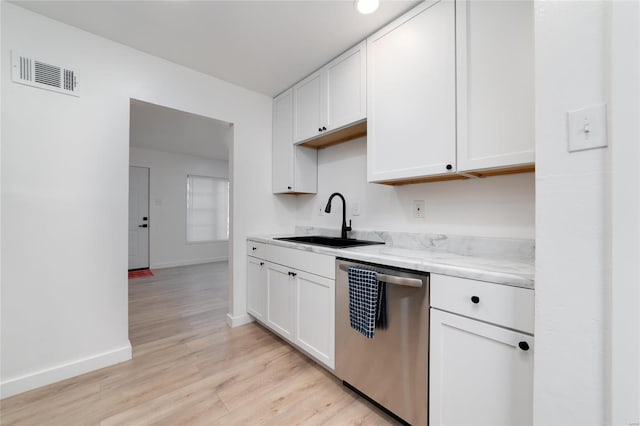 kitchen featuring sink, stainless steel dishwasher, and white cabinets