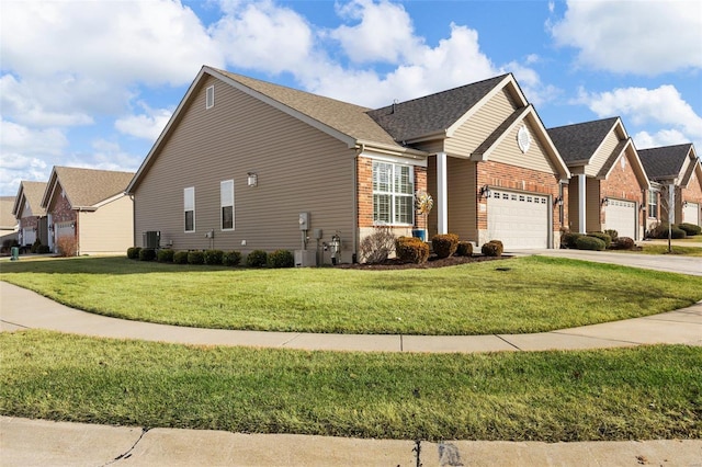 view of property exterior with a garage, a yard, and cooling unit