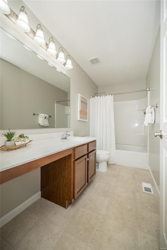 bathroom featuring shower / bath combination with curtain, visible vents, vanity, and toilet