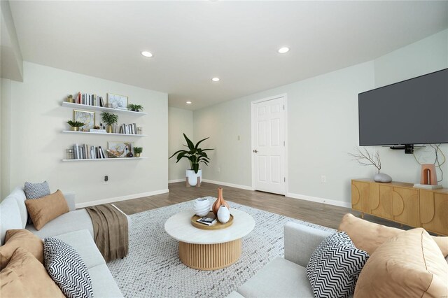 living room featuring baseboards, wood finished floors, and recessed lighting