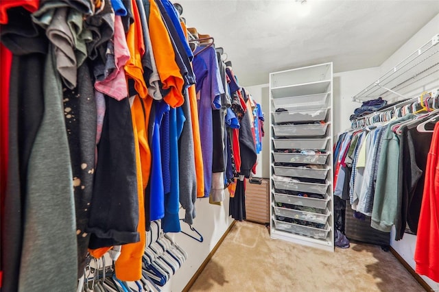 walk in closet with light carpet