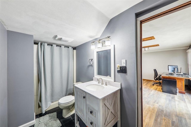 bathroom featuring walk in shower, toilet, wood-type flooring, vaulted ceiling, and vanity