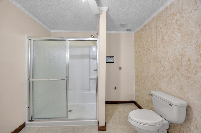 bathroom featuring an enclosed shower, tile patterned flooring, ornamental molding, and toilet