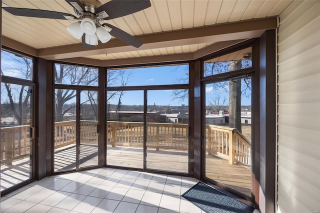 unfurnished sunroom with a healthy amount of sunlight, wooden ceiling, and beam ceiling