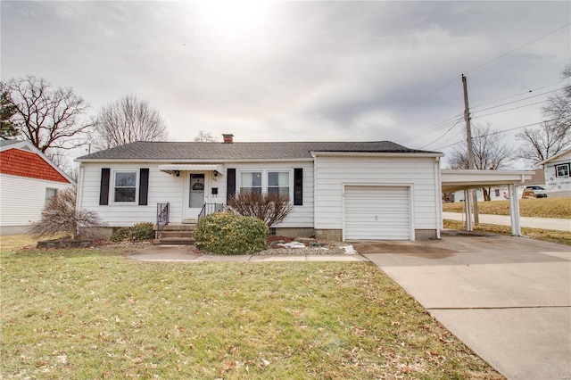 single story home with concrete driveway, a chimney, an attached carport, an attached garage, and a front yard