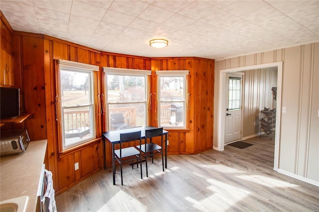 office area featuring light wood-style floors, wood walls, and baseboards