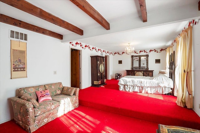 bedroom featuring visible vents, a chandelier, and beam ceiling