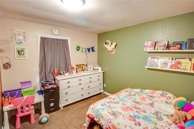 carpeted bedroom featuring a textured ceiling