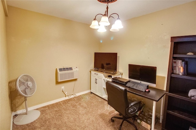 home office with a wall mounted AC, light colored carpet, and a chandelier