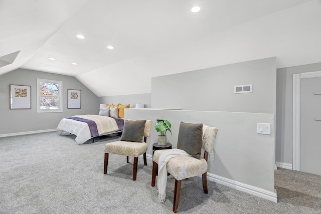 carpeted bedroom featuring lofted ceiling, visible vents, baseboards, and recessed lighting