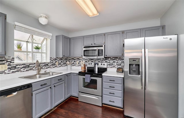 kitchen with sink, gray cabinetry, dark hardwood / wood-style floors, stainless steel appliances, and backsplash