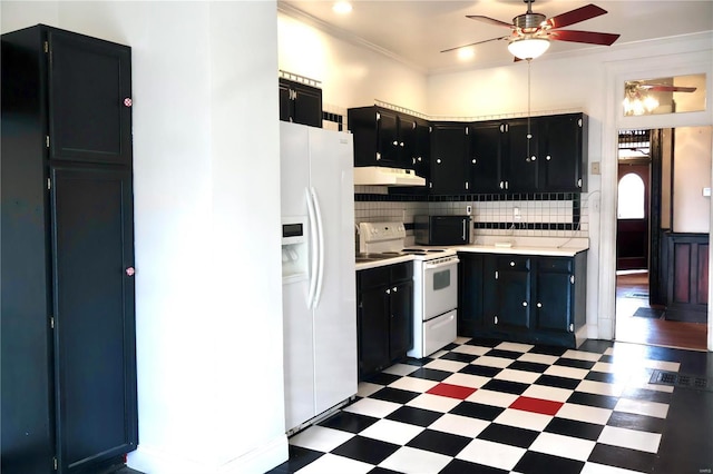 kitchen featuring light floors, light countertops, ornamental molding, white appliances, and under cabinet range hood