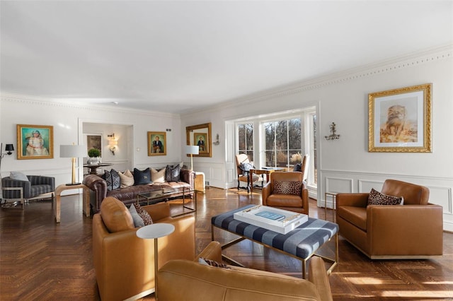 living room featuring ornamental molding and dark parquet flooring