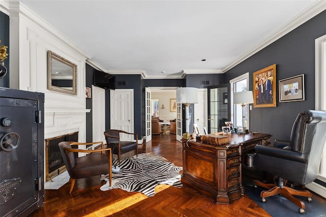 office with parquet floors and ornamental molding