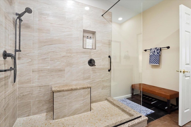 full bath with tile patterned flooring and walk in shower