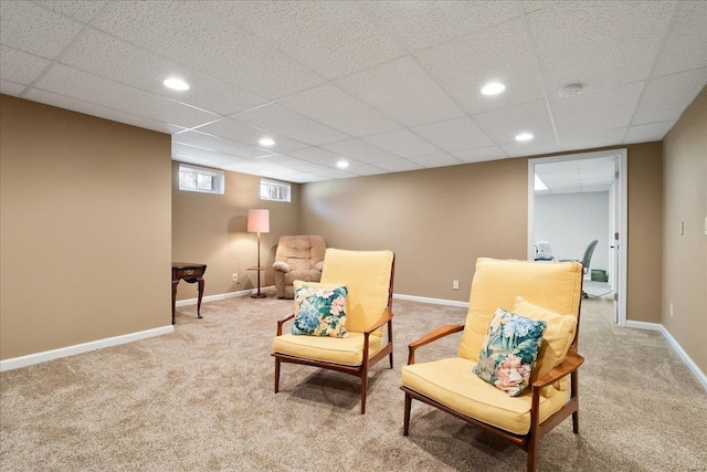 sitting room featuring recessed lighting, light carpet, visible vents, and baseboards