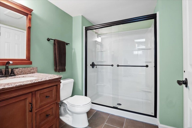 full bath with a stall shower, vanity, toilet, and tile patterned floors