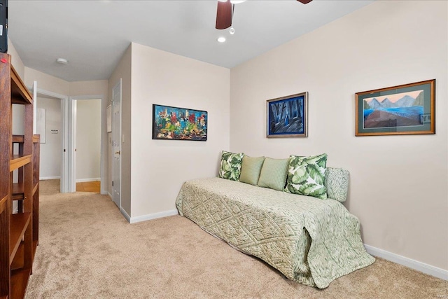 bedroom with ceiling fan, recessed lighting, carpet, and baseboards